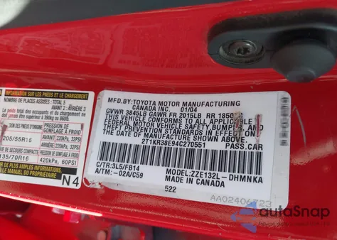 2004 Toyota Matrix Xr z USA, uszkodzony, nr VIN 2T1KR38E94C270551